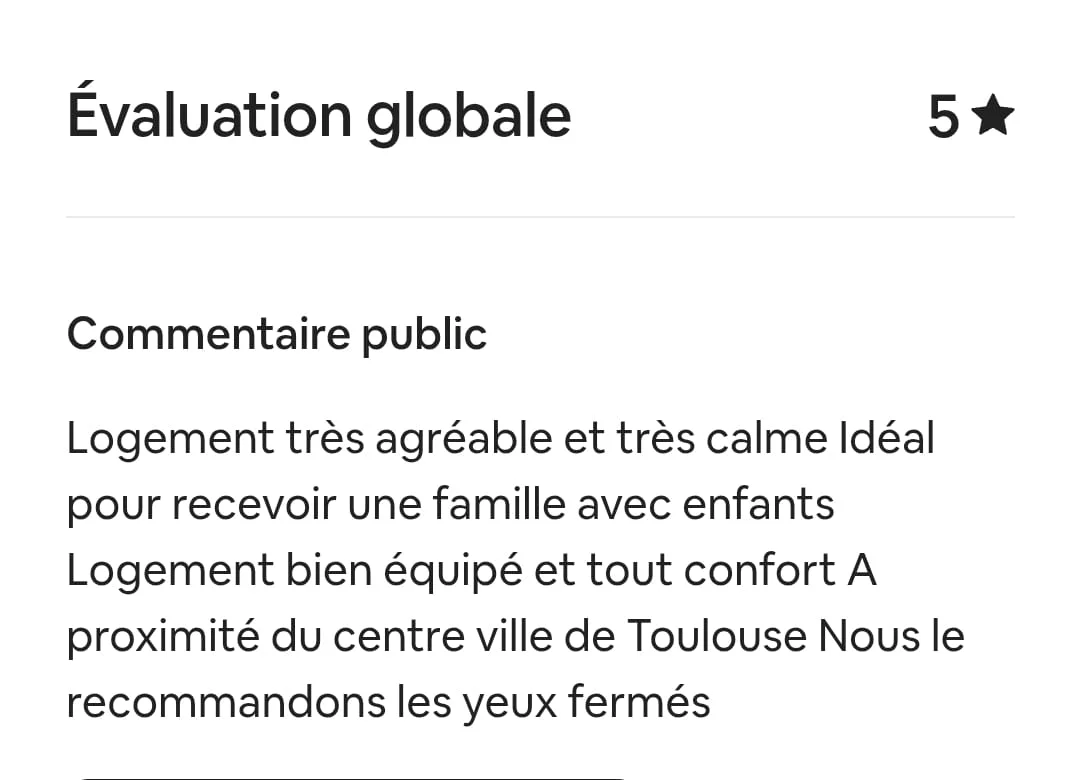 Capture Airbnb d'un commentaire public avec évaluation globale 5 étoiles