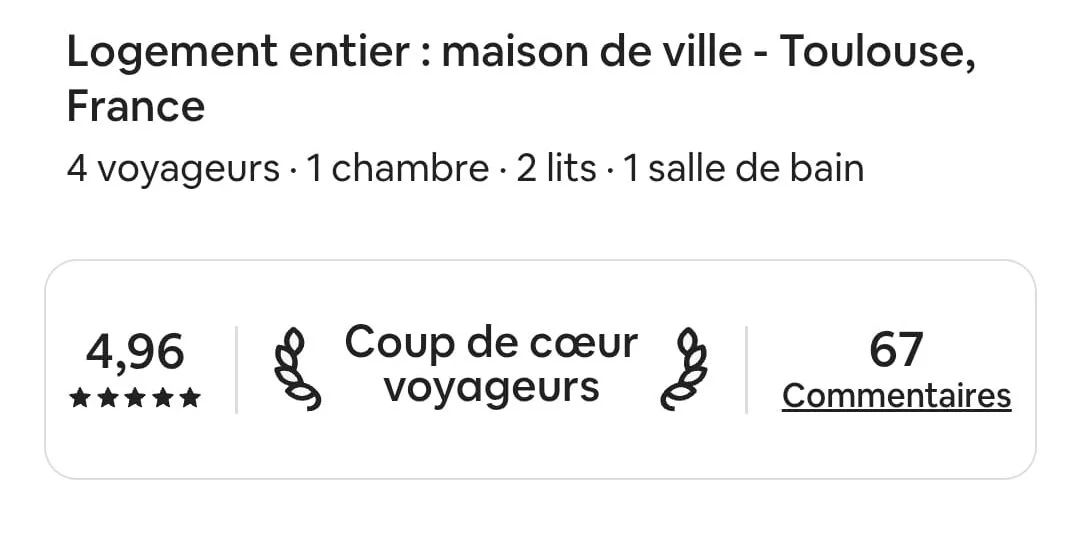 Capture Airbnb d'une annonce maison entière à Toulouse avec note 4,96