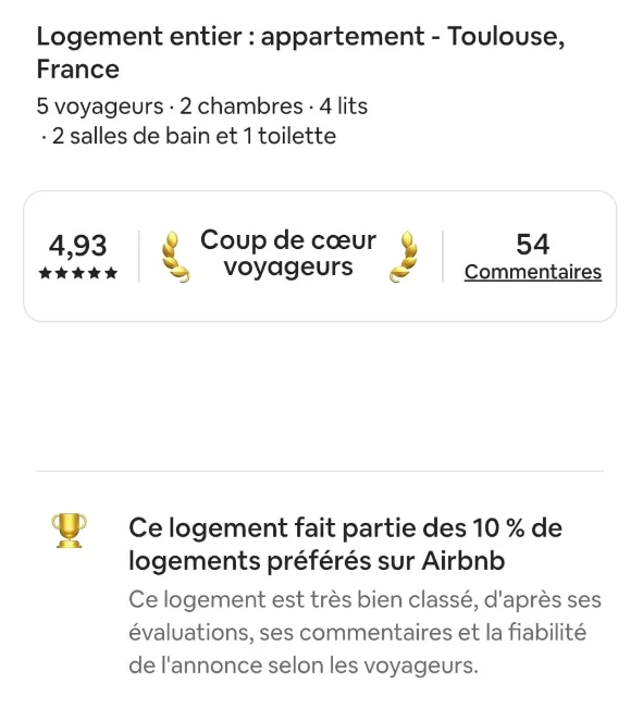 Capture Airbnb d'un appartement à Toulouse classé parmi les logements préférés